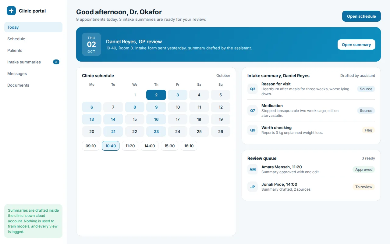 Patient portal with an assistant drafted intake summary awaiting clinician review